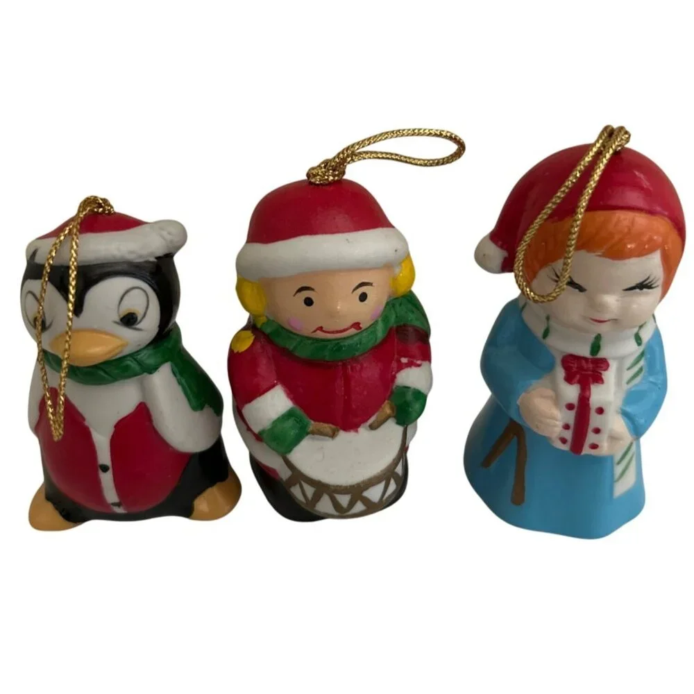 5 Vtg Hand-Painted Ceramic Christmas Bell Ornaments Santa Mrs Claus Drummer